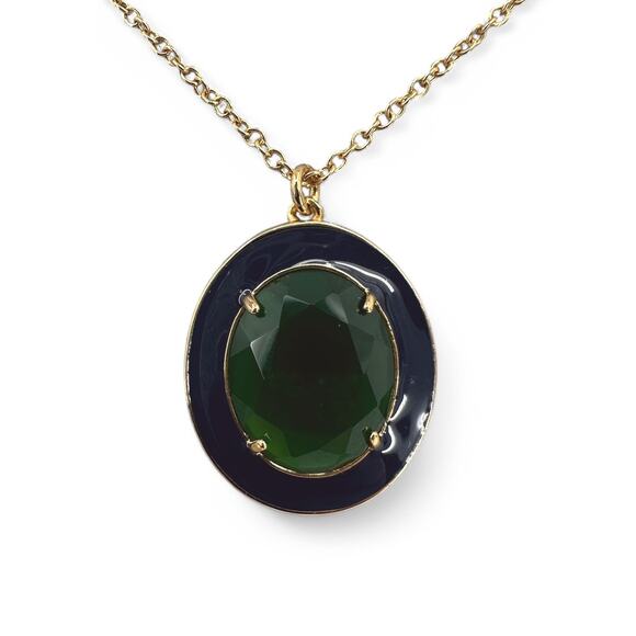 J Crew Crystal Enamel Long Pendant Necklace Green Oval Rhinestone Blue Enamel - Picture 1 of 11